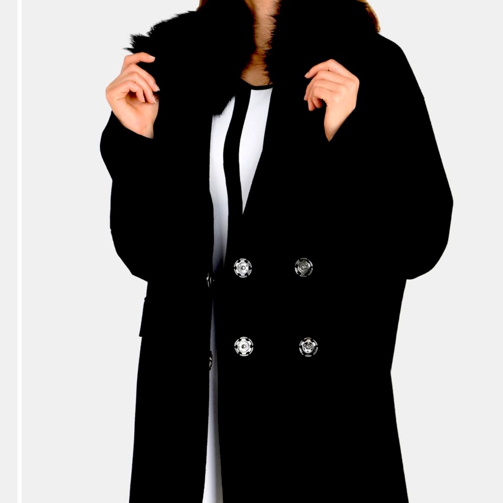 Armani exchange black double breasted coat faux-fur collar